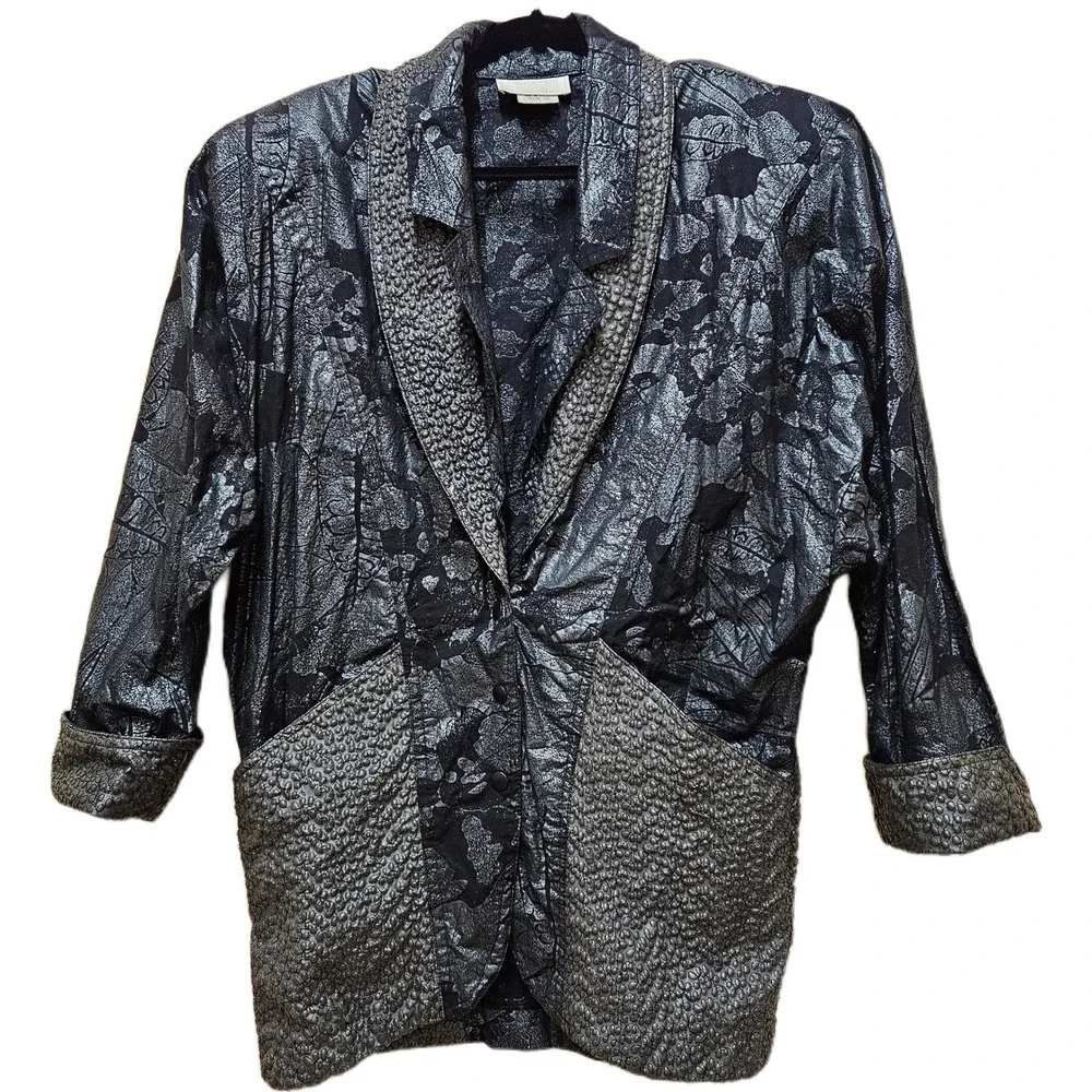 Black/Gray Casedei Collection Vintage 80s-90s Textured‎ Jacket & Skirt Size 10